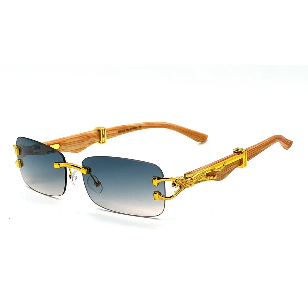 Women Luxury Gold Panther Rimless Sunglasses Teal Gradient Lenses Lenes Gafas